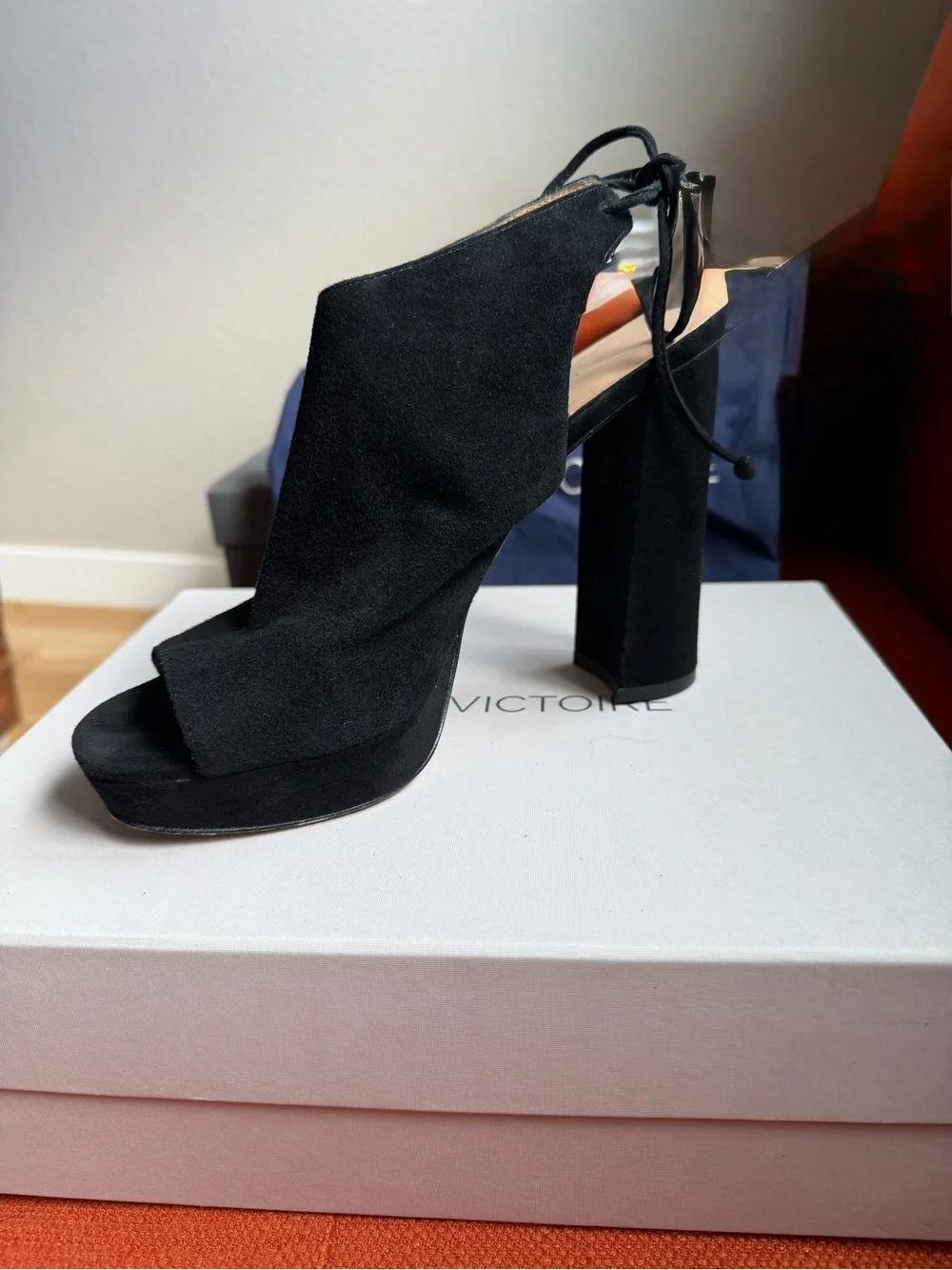 Pour La Victoire Black Suede Platform Peep-Toe Block Heels